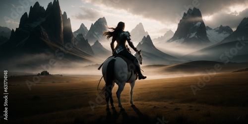 a woman with armor riding a horse in a mountainous area and a sky filled with clouds, epic fantasy character art