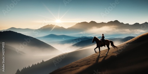 a woman with armor riding a horse in a mountainous area and a sky filled with clouds  epic fantasy character art