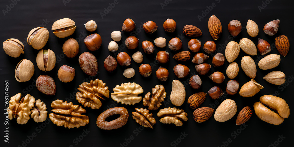 Mix of different kinds of nuts. Top view, flat lay. Copy space. Healthy food composition.Generative ai Mix of different kinds of nuts. Top view, flat lay. Copy space. Healthy food composition.Generative ai