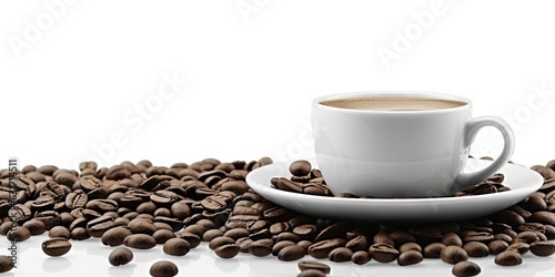 Freshly roasted arabica coffee beans. Vintage rich aroma and delicious flavor. Hot espresso cup on white background with copy space for text