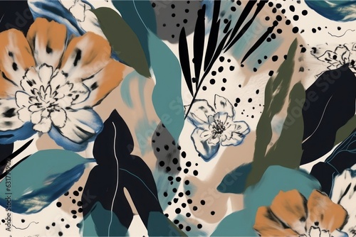 Hand drawn modern concept abstract floral print. Collage leopard skin seamless pattern, Generative AI