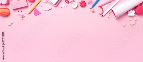 School supplies arranged on a pink background. Creative flat lay for back to school with empty space for text.