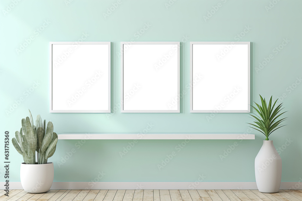 Monochrome light green room with plants, 3 frames on the wall, poster frame mockup scenario.