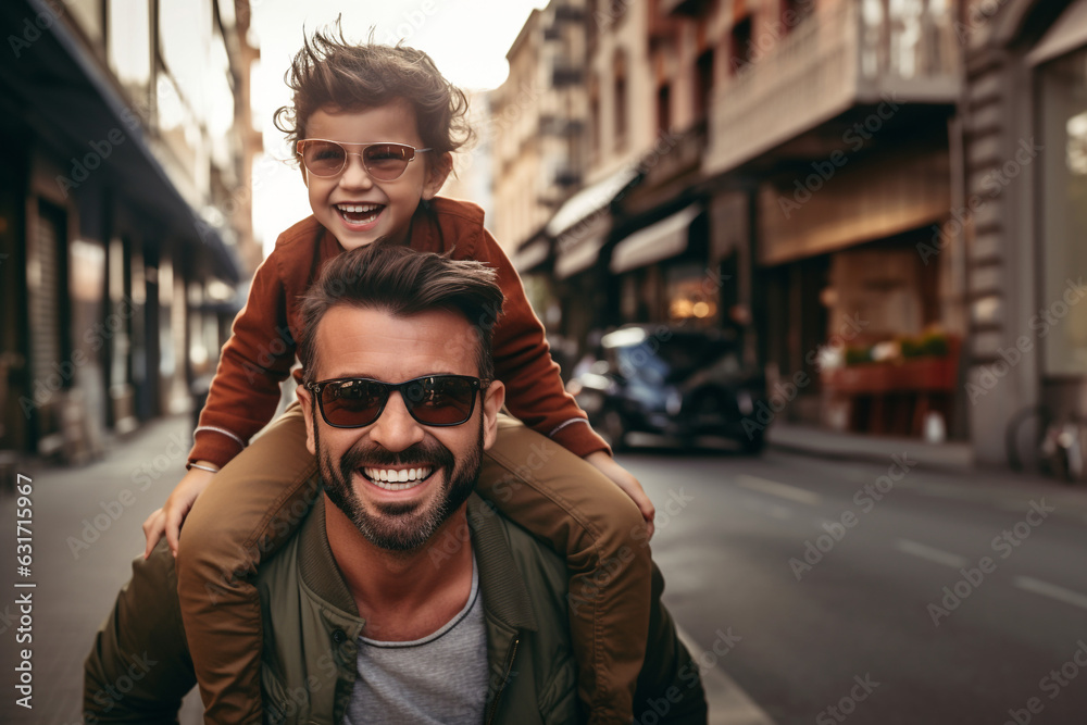 dad giving son piggy back through town, both are smiling and wearing sun glasses  - obrazy, fototapety, plakaty 