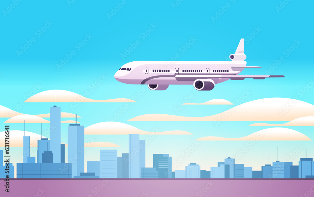 plane flying in sky over cityscape travel by airplane vacation adventure transportation travel concept