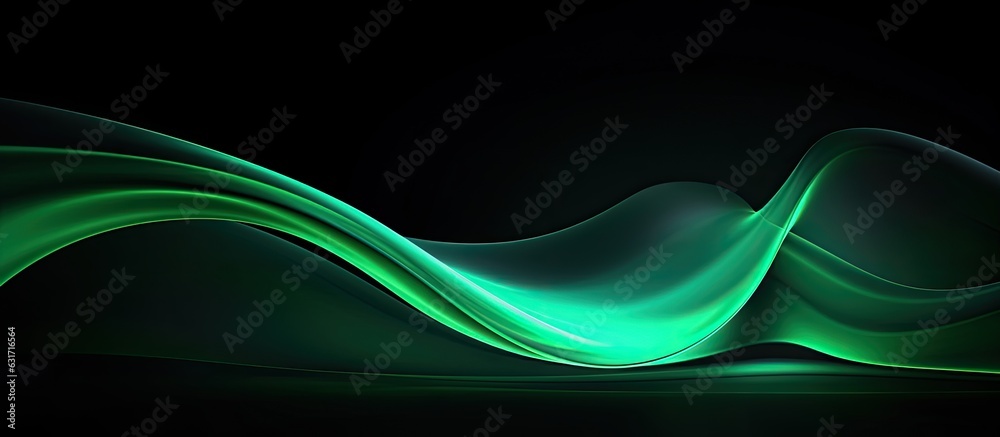Fototapeta premium Copy space background with an abstract texture of a green neon color strip wave on a black paper.