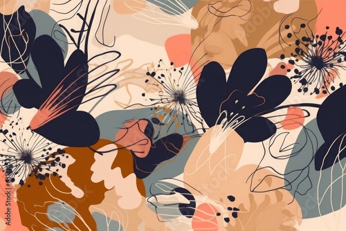 Hand drawn floral abstract pattern. Creative collage contemporary seamless pattern. Natural colors. Fashionable template for design, Generative AI