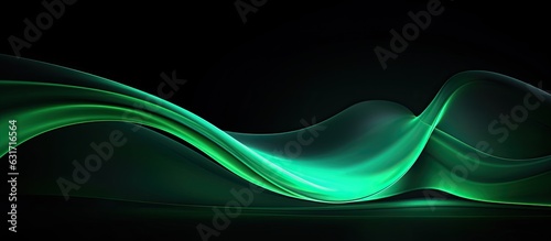 Copy space background with an abstract texture of a green neon color strip wave on a black paper.