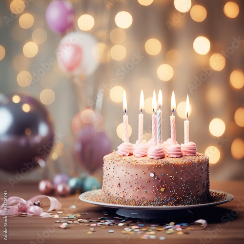 Realistic photography of a birthday party with bokeh as the background. On the left side, there is a birthday cake with candles, pastel colors