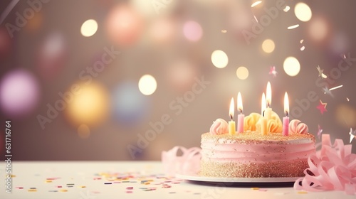 Realistic photography of a birthday party with bokeh as the background. On the left side  there is a birthday cake with candles  pastel colors