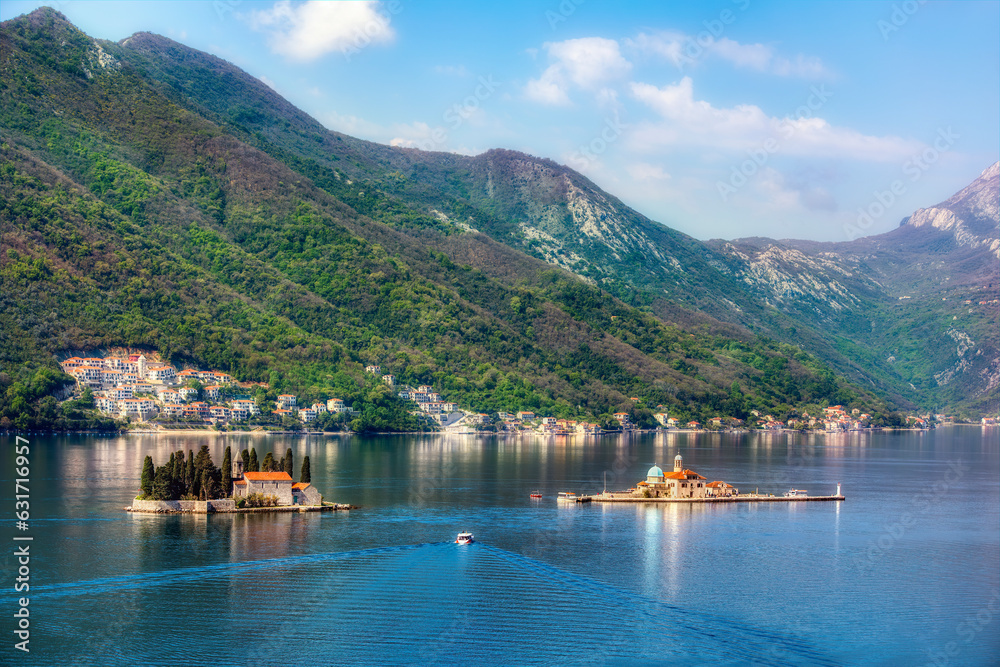 St George Island, with St George Benedictine Monastery, and the Artificial Islet of Our Lady of the Rocks in the Bay of Kotor at Perast in Montenegro