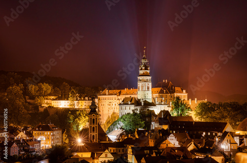 Night Shot of Beautiful Cesky Krumlov in the Czech Republic, with the Tower of St Jost Church and the Castle Dominating the City