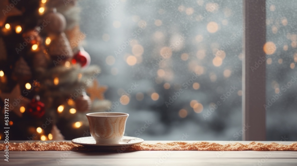 Empty wooden table with christmas tree over room in background Empty wooden table with christmas tree over room in background