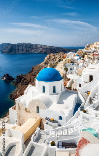 One of the Famous Blue Domes in the Beautiful Village of Oia on Santorini  Greece