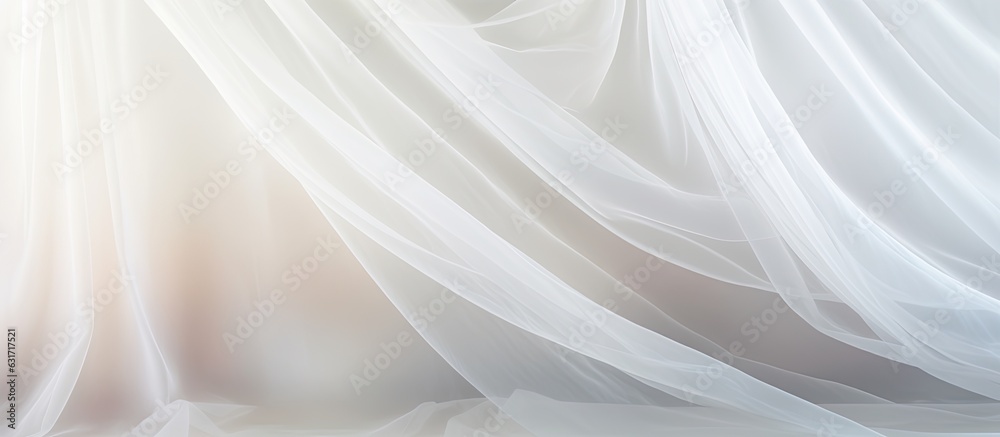 The fabric used is tulle, chiffon, and transparent white curtains, creating an abstract background with a textured pattern. space available for text and copy space. The fabric used is tulle, chiffon, and transparent white curtains, creating an abstract background with a textured pattern. space available for text and copy space.