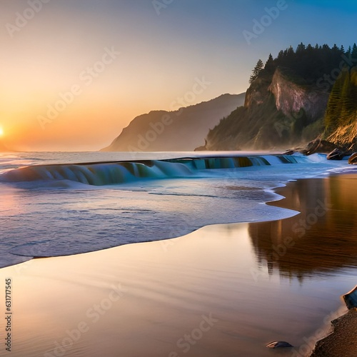 Waves in the beach with beautiful sunrise, Generative AI 