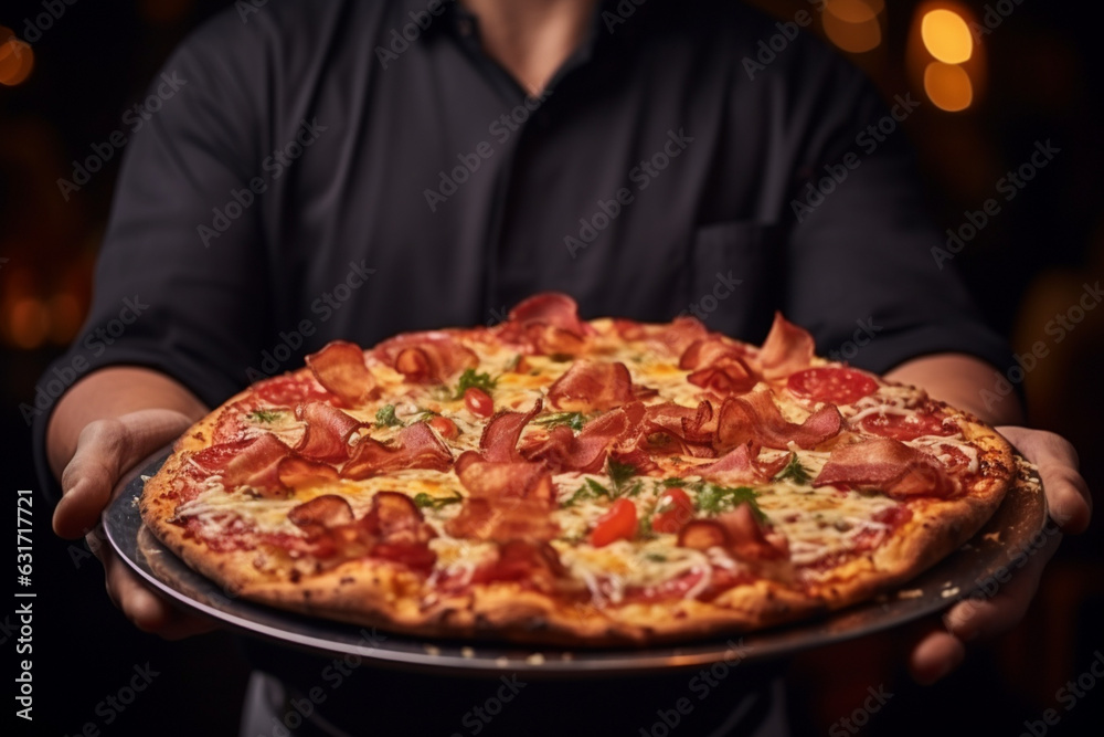 the waiter holds a tray of large pizzas in a restaurant, Hot big pepperoni pizza tasty pizza composition with melting cheese bacon tomatoes ham paprika, aesthetic look