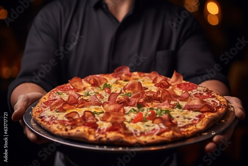 the waiter holds a tray of large pizzas in a restaurant, Hot big pepperoni pizza tasty pizza composition with melting cheese bacon tomatoes ham paprika, aesthetic look