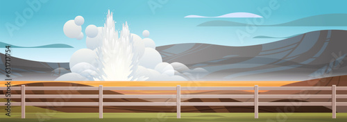 impressive eruption of active geyser hot water steam spraying out from under ground power fountain outdoor