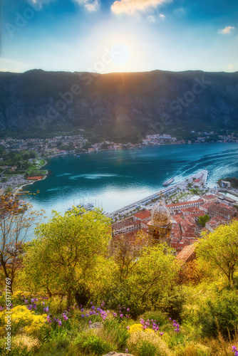 View of the Famous Bay and Old City of Kotor  Montenegro  with the Dome of Our Lady of Health Church in the Hill above the City