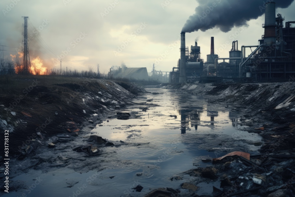 Factory polluting environment. Pollution of environment concept. Global warming, Abandoned factory in the middle of the river. Concept of environmental pollution, AI Generated