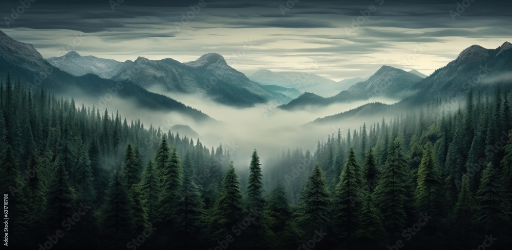 A dark forest landscape with trees and mist