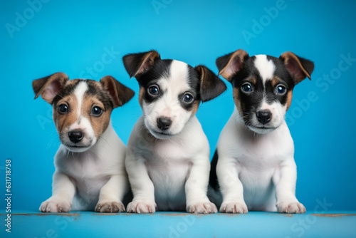 three jack russell puppies close-up, on an isolated blue background, aesthetic look © alisaaa
