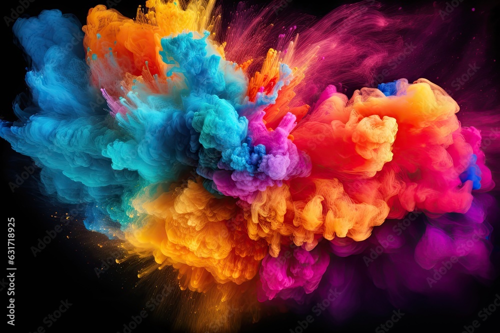 Fototapeta premium Colorful cloud of ink in water on black background. Abstract background, Abstract colorful powder explosion on black background. Colored cloud. Colorful dust explode, AI Generated