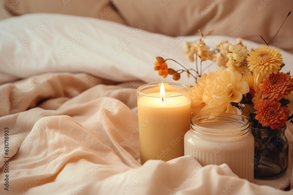 White bad with candles with flowers White bad with candles with flowers