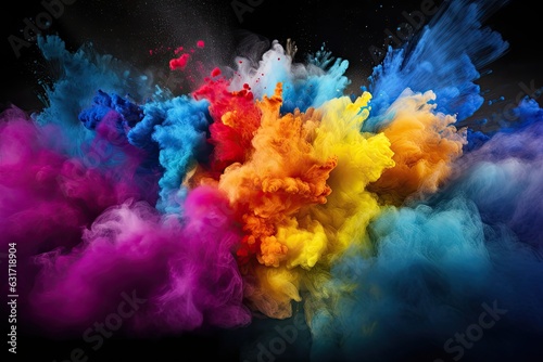 Colorful powder explosion isolated on black background. Abstract colored cloud. Abstract colorful powder explosion on black background. Colored cloud. Colorful dust explode, AI Generated