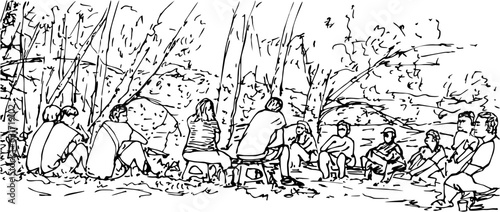 Sketch of a riverside gathering of a non-profit, non-professional, non-religious community group of recovering addicts who selflessly help each other stop using drugs and learn to live without them photo