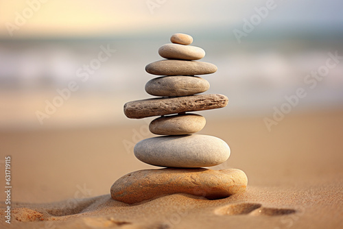 Three stacked stones on raked sand, aesthetic look