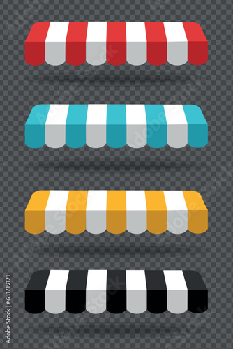 Red and white sunshade for marketplace or shop. Red canopy or Striped Awning Element. vector illustration. Open awning with striped canvas for circus or store. Isolated on Transparent Background