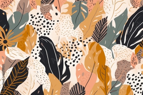 Hand drawn abstract jungle pattern with leopard print. Creative collage contemporary seamless pattern. Natural colors. Fashionable template for, Generative AI