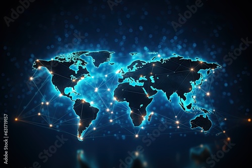 Digital world map on blue background. 3d rendering toned image double exposure, Abstract world network connection on a glowing world map, Black background, AI Generated