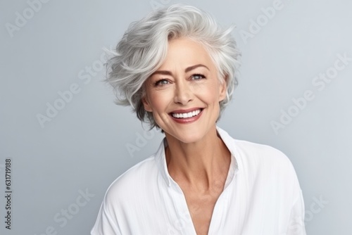 Beautiful elderly woman with gray hair smiling