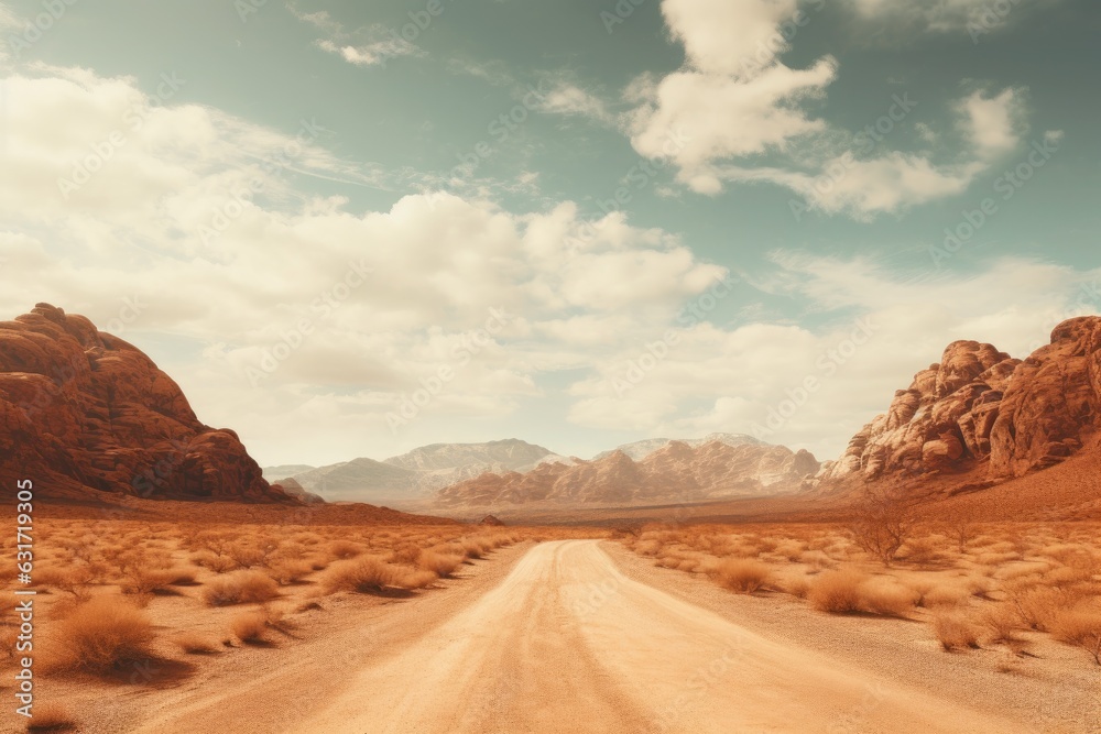 Road in the desert with blue sky and clouds - retro vintage filter, Adventure desert road explore vibe, AI Generated