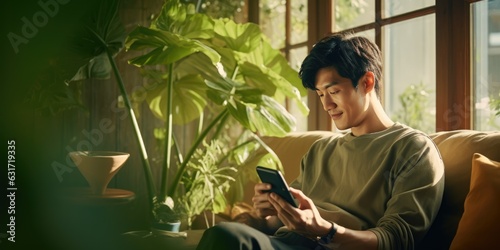 Happy handsome man asia checking social media holding smartphone sitting on a sofa at home. Smiling young man using mobile phone app playing game, shopping online, generative ai