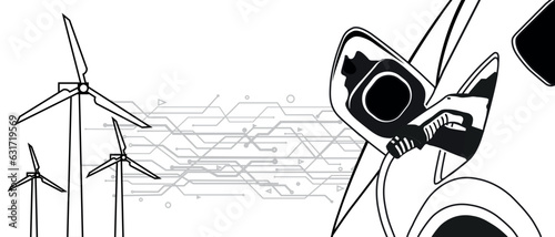 Modern electric smart car charging at the charger station with a plug in cable Flat Vector illustration Electric vehicle with technology circuit and eco wind turbines Electrified future transportation