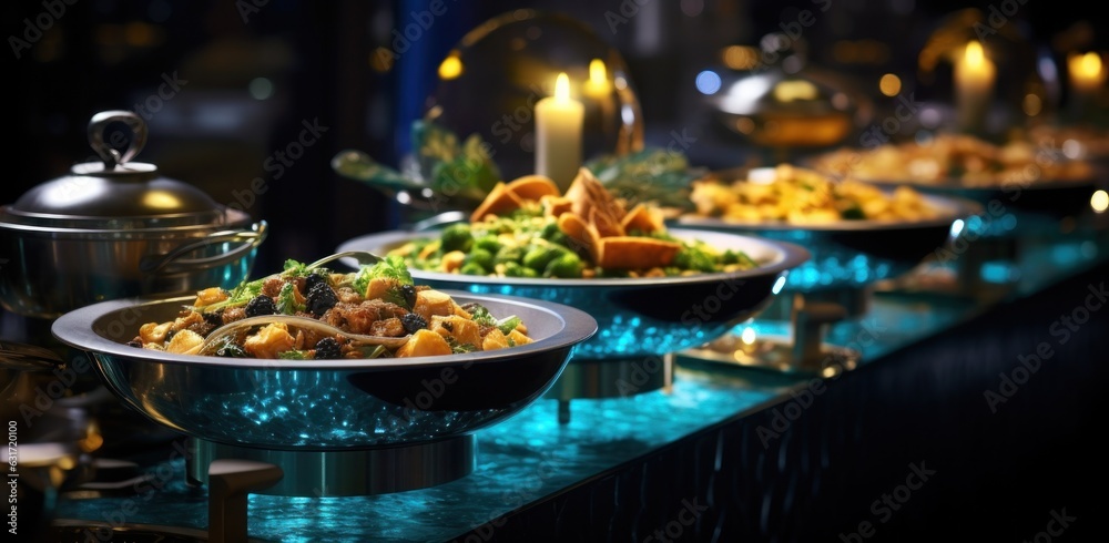 Buffets with food and wine at an event buffets