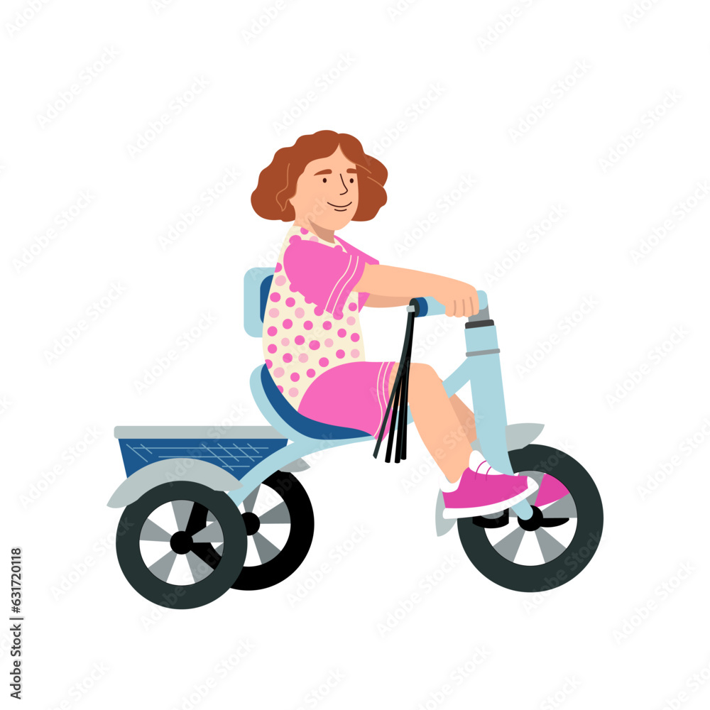 Cute smiling girl riding bicycle. Little kid learning on a first tricycle bike. Flat vector illustration isolated on white background. Cute smiling girl riding bicycle. Little kid learning on a first tricycle bike. Flat vector illustration isolated on white background.