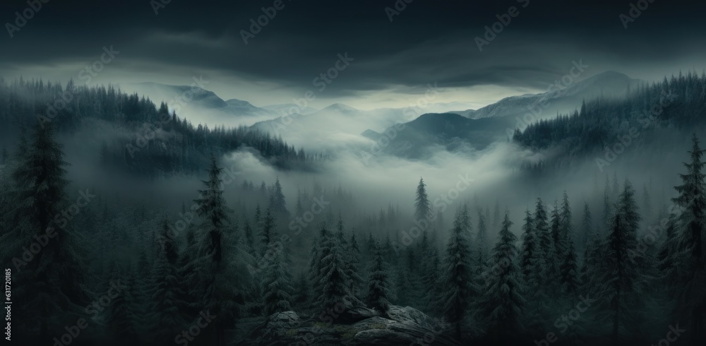 A dark forest landscape with trees and mist A dark forest landscape with trees and mist
