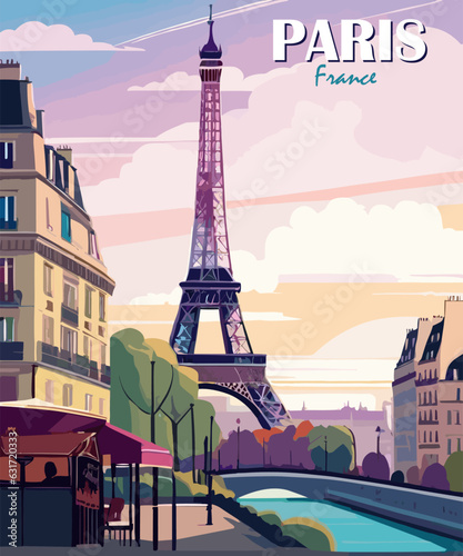 Paris, France Travel Destination Posters in retro style. Paris evening cityscape with Eifel Tower print. European summer vacation, holidays concept. Vintage vector colorful art illustrations.