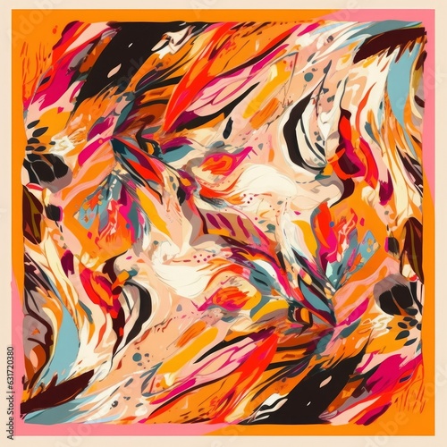 Silk scarf modern design with bright colorful artistic ornament. Abstract ethnic style. Fashionable  template for your design, Generative AI