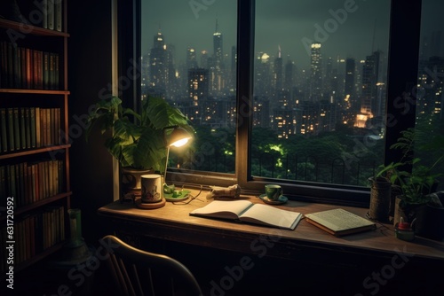 Window seat with books and a view of the city