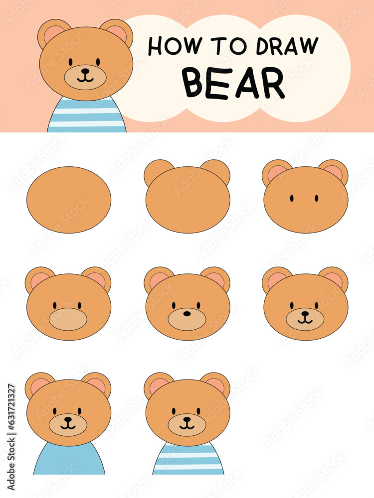 How to draw cute bear character cartoon step by step for illustration, education and kids