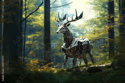 Image of deer electronic gundam robot technology in the forest. Wildlife Animals. Generative AI. Illustration. © yod67
