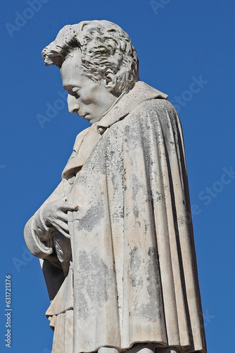 Statue of Giacomo Leopardi in the main square in the town of Recanati in the Marche region of Italy. He was one of Italy's most important poets.