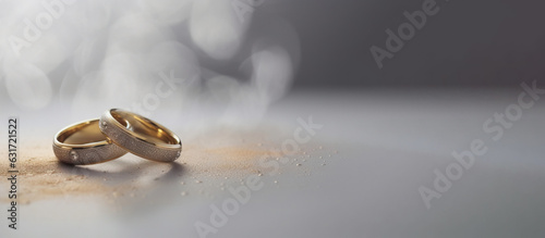 Two engagement wedding ceremonial gem rings, cloudy white smoky background. AI generated.