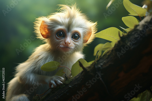 Image of cute baby leaf monkey on tree on nature background. Wildlife Animals. Generative AI. Illustration.